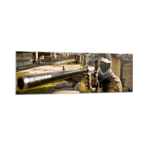 Obraz na szkle - Gracz paintballa w stroju kamuflażowym celujący z markera - 160x50cm - I ty możesz zostać bohaterem - Nowoczesna dekoracja ścienna do salonu i sypialni ARTTOR
