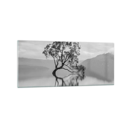 Obraz na szkle - Samotne drzewo odbijające się w wodzie na tle gór - 120x50cm - Jest taki kraj - Nowoczesna dekoracja ścienna do salonu i sypialni ARTTOR