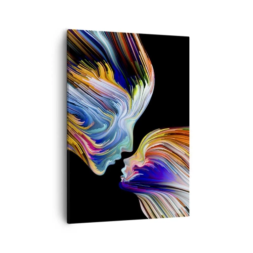 Obraz na płótnie - Abstrakcyjny portret dwóch twarzy w intensywnych barwach - 50x70cm - Fuzja energii i światła - Nowoczesna dekoracja ścienna do salonu, kuchni i sypialni ARTTOR