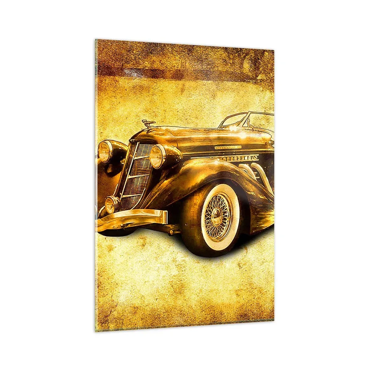 Obraz na szkle - Złoty klasyczny kabriolet retro na tle vintage w ciepłych barwach - 80x120cm - Elita elit - Nowoczesna dekoracja ścienna do salonu i sypialni ARTTOR