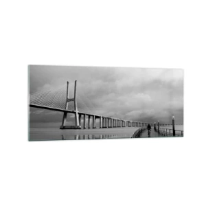 Obraz na szkle - Most wiszący nad wodą w czarno-białej tonacji - 120x50cm - Każdemu co mu się należy - Nowoczesna dekoracja ścienna do salonu i sypialni ARTTOR