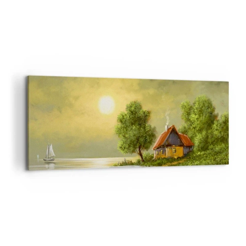 Obraz na płótnie - Dom nad jeziorem w świetle zachodzącego słońca - 120x50cm - Pięknie, jak z obrazka - Nowoczesna dekoracja ścienna do salonu i sypialni ARTTOR