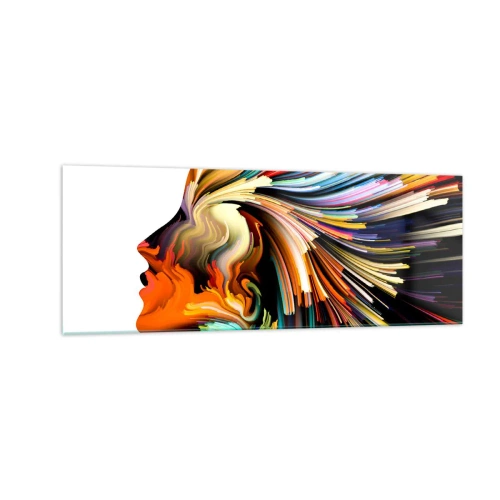 Obraz na szkle - Abstrakcyjny profil twarzy z kolorowymi dynamicznymi liniami - 140x50cm - Eksplozja wyobraźni - Nowoczesna dekoracja ścienna do salonu i sypialni ARTTOR