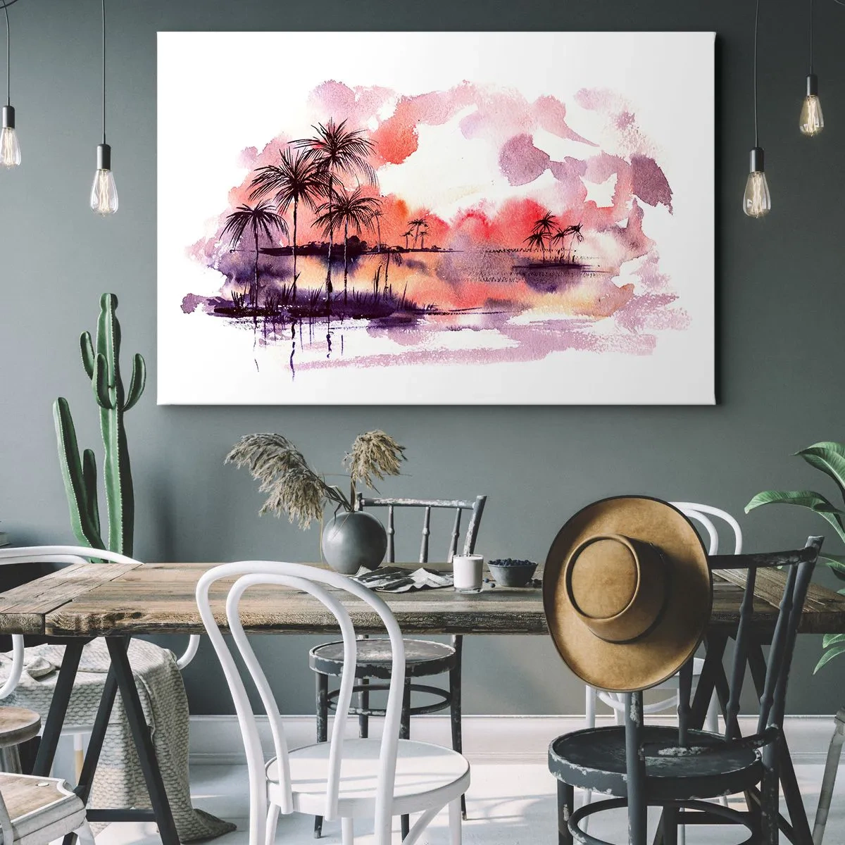 Obraz na płótnie - Tropikalny pejzaż z palmami o zachodzie słońca w akwareli - 70x50cm - Spokój tropików w czerwieni - Nowoczesna dekoracja ścienna do salonu i sypialni ARTTOR