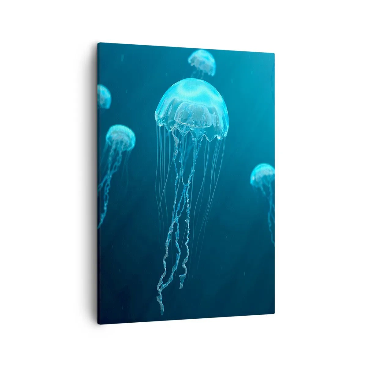 Obraz na płótnie - Podwodne meduzy w niebieskich tonacjach oceanu - 50x70cm - Oceaniczny taniec - Nowoczesna dekoracja ścienna do salonu, kuchni i sypialni ARTTOR