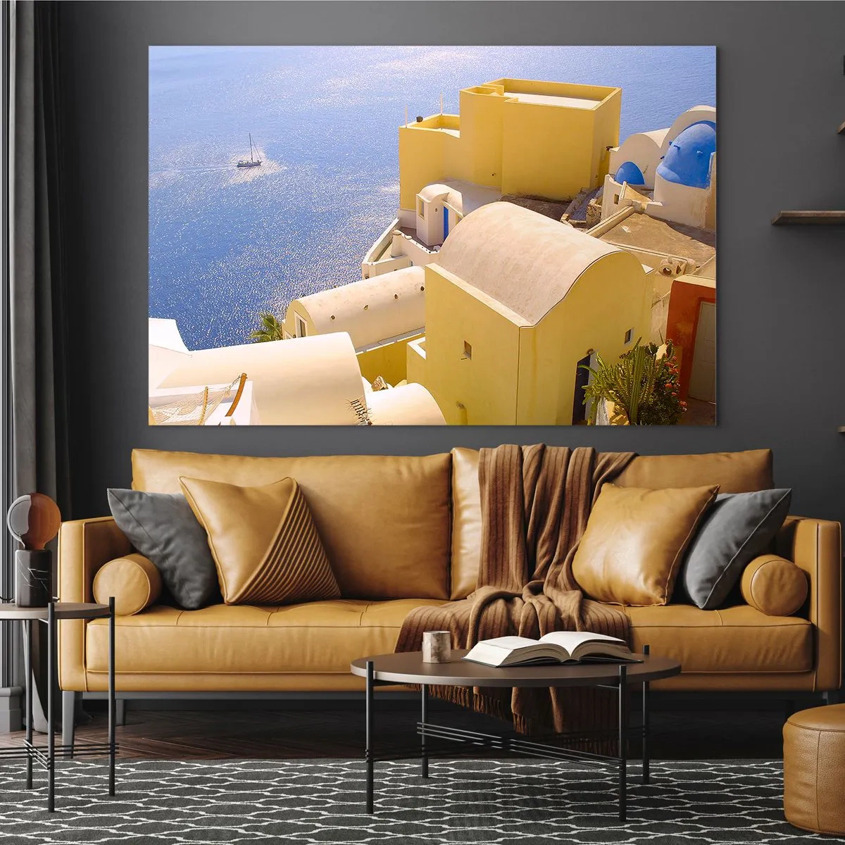 Obraz na szkle - Widok na Santorini z błękitnym morzem i białymi budynkami - 70x50cm - Grecki pejzaż w bieli i błękicie - Nowoczesna dekoracja ścienna do salonu i sypialni ARTTOR