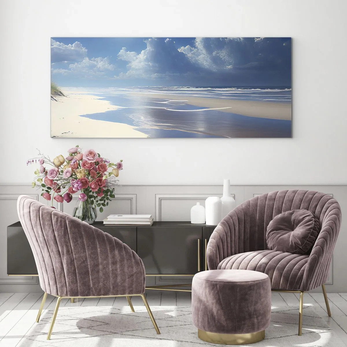 Obraz na szkle - Piaszczysta plaża z falami pod błękitnym niebem - 140x50cm - Rajskie wakacje - Nowoczesna dekoracja ścienna do salonu i sypialni ARTTOR