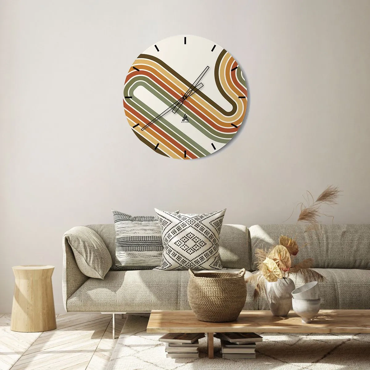 Zegar ścienny - Geometryczne linie w retro kolorach na jasnym tle - 30x30cm - Zygzakiem do celu - Nowoczesna dekoracja ścienna do salonu, kuchni i sypialni ARTTOR