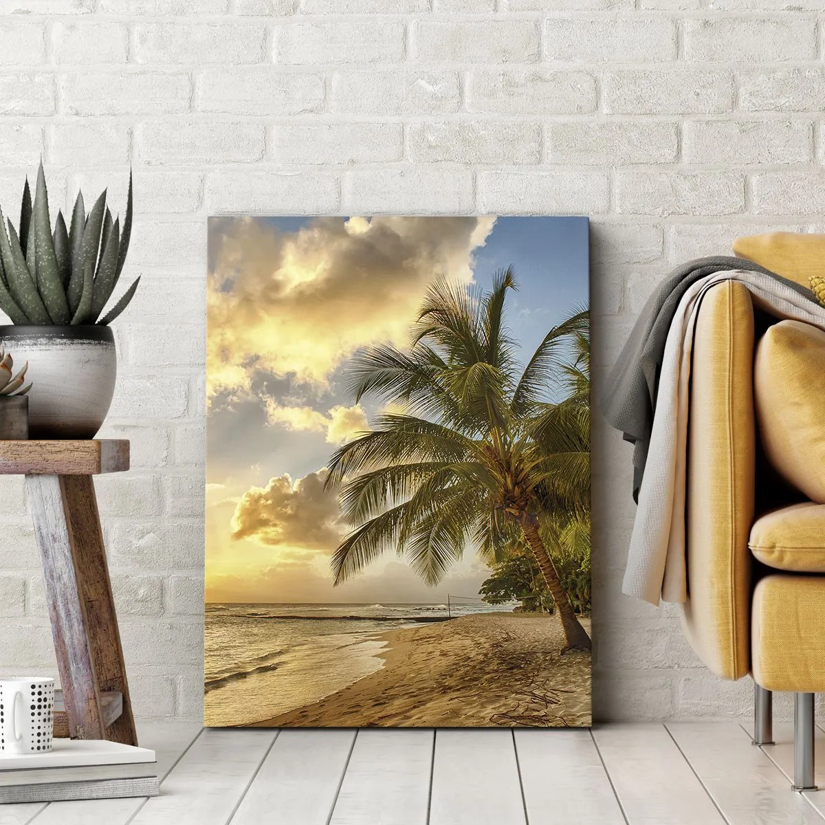 Obraz na płótnie - Tropikalna plaża z palmą o zachodzie słońca - 50x70cm - Wieczne lato, zawsze wakacje - Nowoczesna dekoracja ścienna do salonu, kuchni i sypialni ARTTOR