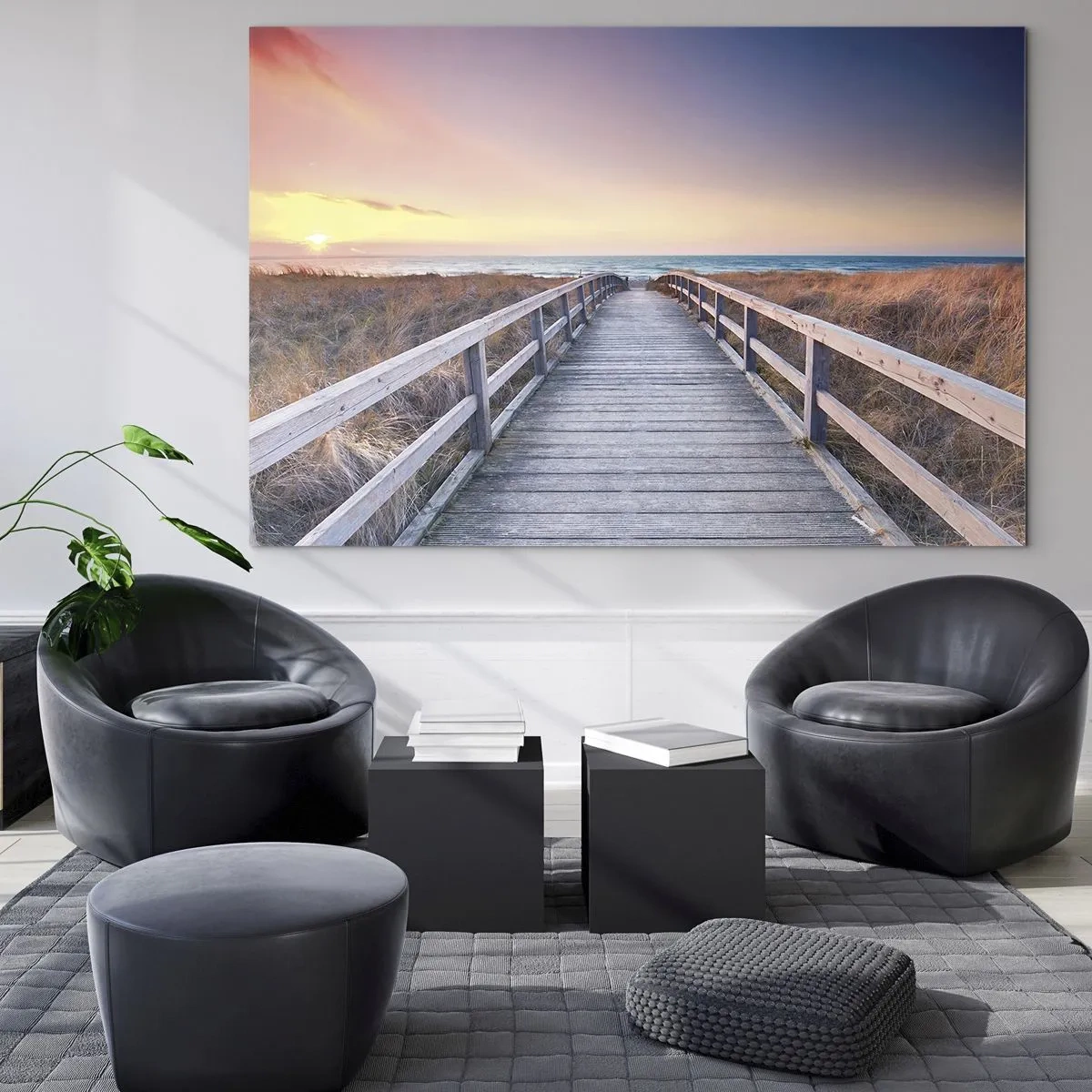 Obraz na szkle - Drewniany pomost prowadzący na plażę o zachodzie słońca - 70x50cm - Bałtycka wieczorna zorza - Nowoczesna dekoracja ścienna do salonu i sypialni ARTTOR