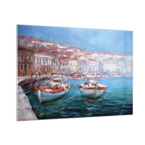 Obraz na szkle - Port rybacki z łodziami w tle włoskich budynków i błękitnego nieba - 100x70cm - Włoska zatoka - Nowoczesna dekoracja ścienna do salonu, kuchni i sypialni ARTTOR