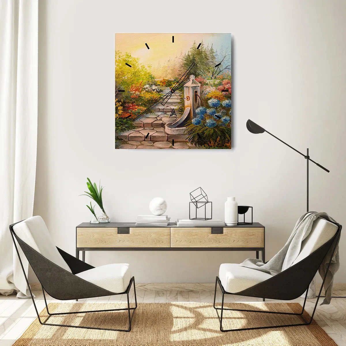 Zegar ścienny - Malowniczy ogród z fontanną i kolorowymi kwiatami - 30x30cm - W pełnym rozkwicie - Nowoczesna dekoracja ścienna do salonu i sypialni ARTTOR