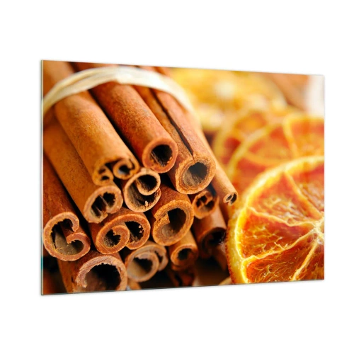 Obraz na szkle - Laski cynamonu i suszone plastry pomarańczy w zbliżeniu - 100x70cm - Czujesz ich aromat? - Nowoczesna dekoracja ścienna do salonu, kuchni i sypialni ARTTOR