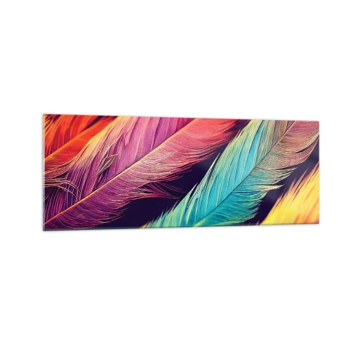Obraz na szkle - Kolorowe pióra w intensywnych barwach - 140x50cm - Pierzasta tęcza - Nowoczesna dekoracja ścienna do salonu i sypialni ARTTOR