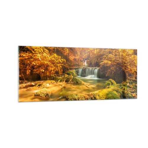Obraz na szkle - Leśna kaskada w złocie - 100x40 cm