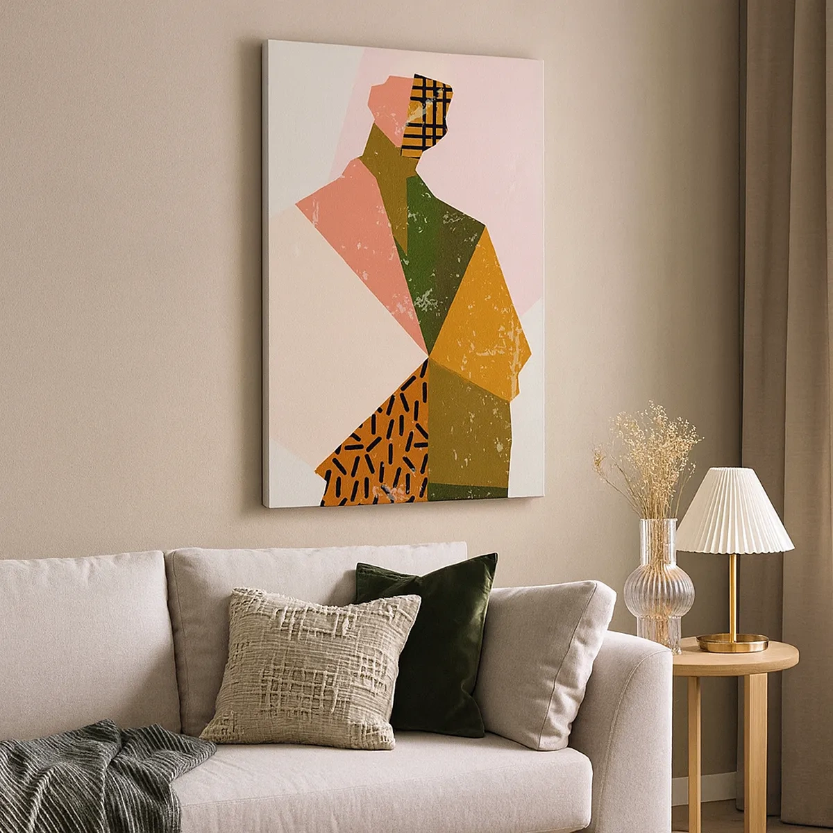 Obraz na płótnie - Abstrakcyjna postać ludzka złożona z geometrycznych kształtów i wzorów - 50x70cm - Człowiek – istota złożona - Nowoczesna dekoracja ścienna do salonu, kuchni i sypialni ARTTOR