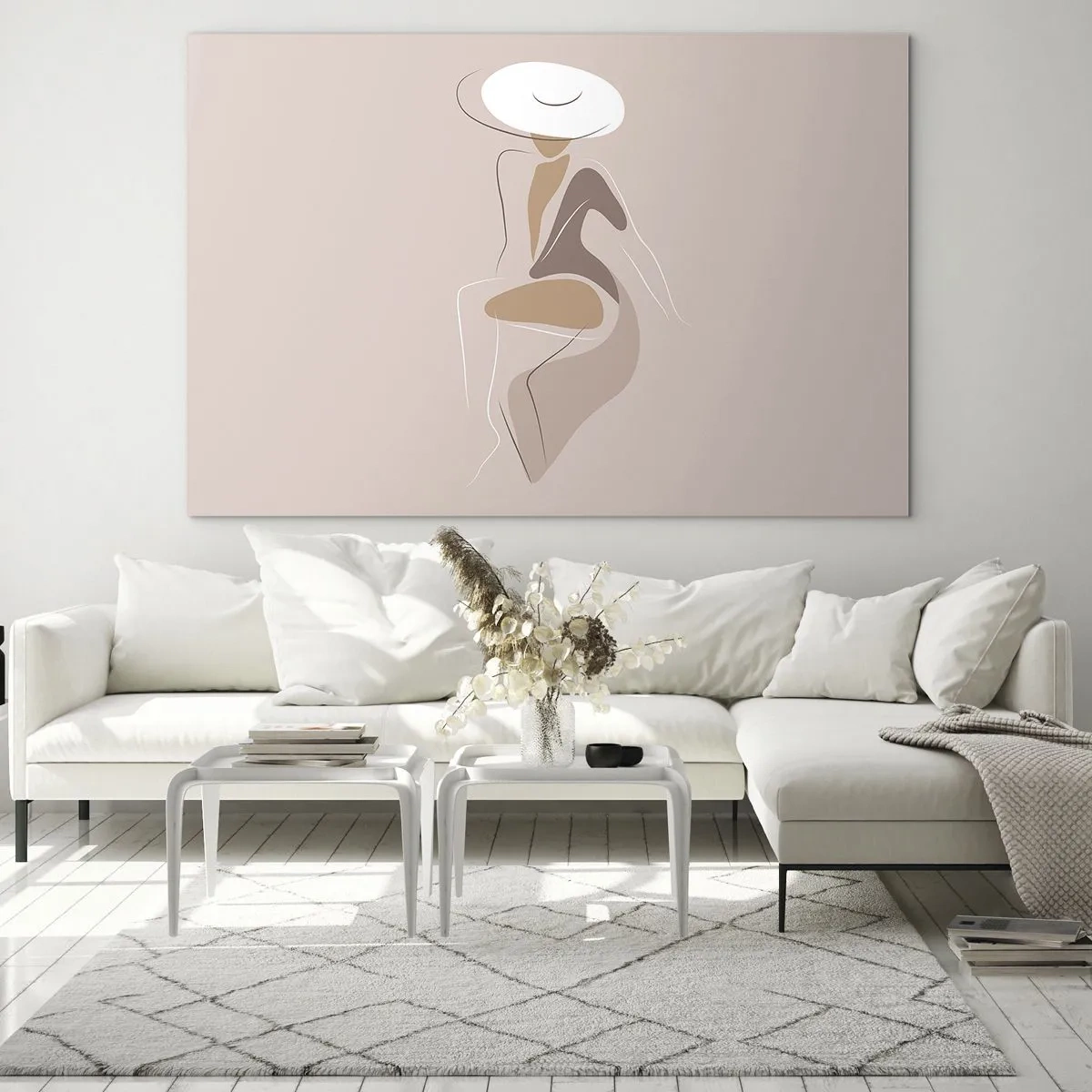 Obraz na szkle - Sylwetka kobiety w kapeluszu na beżowym tle - 70x50cm - Damą być - Nowoczesna dekoracja ścienna do salonu i sypialni ARTTOR