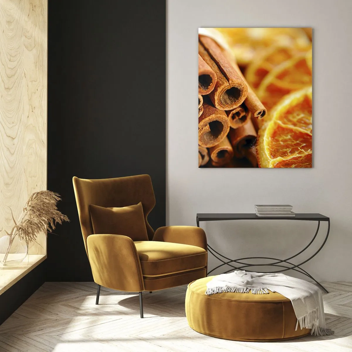 Obraz na szkle - Laski cynamonu i suszone plastry pomarańczy w zbliżeniu - 50x70cm - Czujesz ich aromat? - Nowoczesna dekoracja ścienna do salonu, kuchni i sypialni ARTTOR