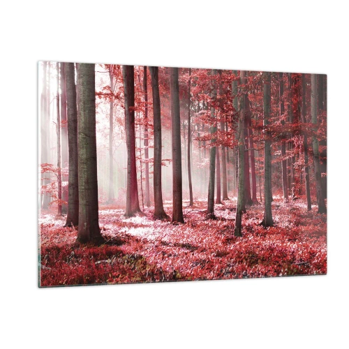 Obraz na szkle - Jesienny las w czerwonych barwach i porannej mgle - 120x80cm - Czerwony równie piękny - Nowoczesna dekoracja ścienna do salonu, kuchni i sypialni ARTTOR