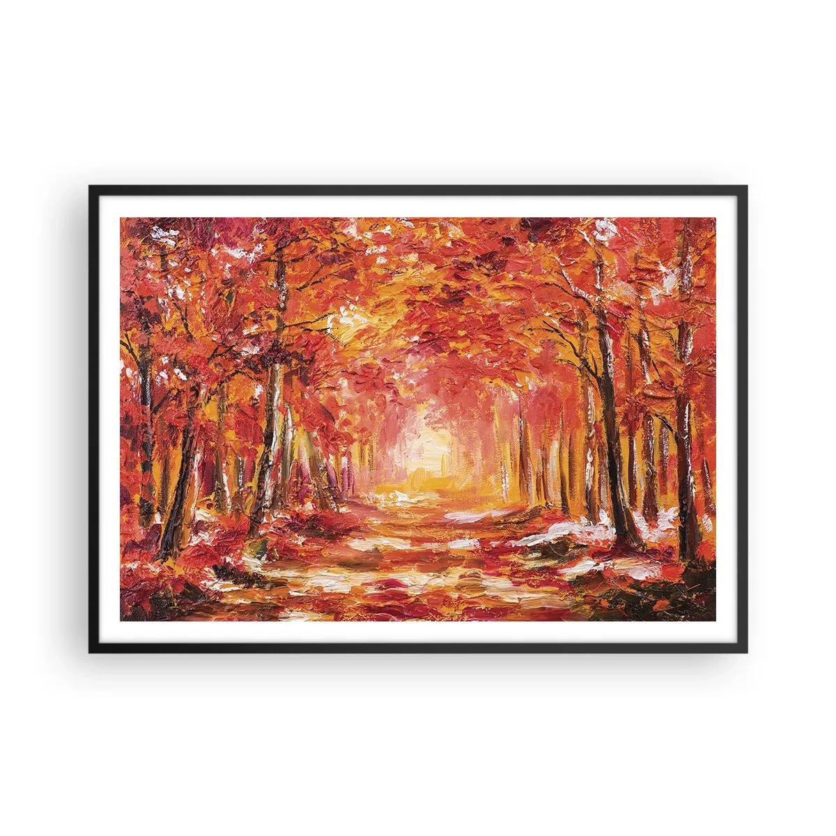Plakat w czarnej ramie - Jesienny las w odcieniach miedzi i złota - 100x70cm - Miedziany las - Nowoczesna dekoracja ścienna do salonu i sypialni ARTTOR