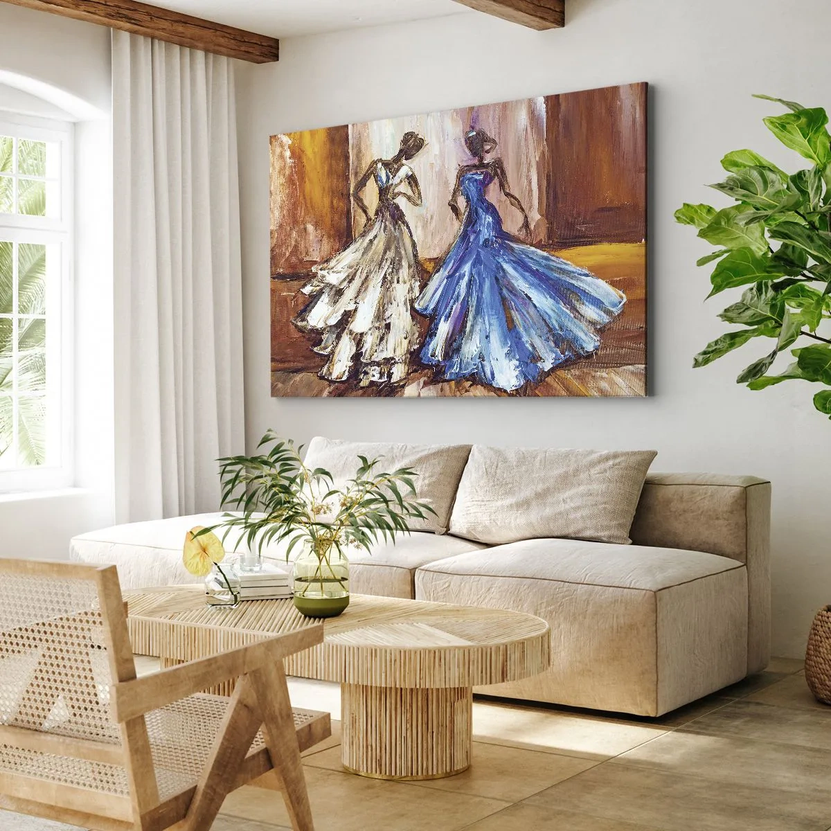 Obraz na płótnie - Postacie w sukniach wieczorowych w artystycznym stylu - 70x50cm - Wdzięczny duet - Nowoczesna dekoracja ścienna do salonu i sypialni ARTTOR