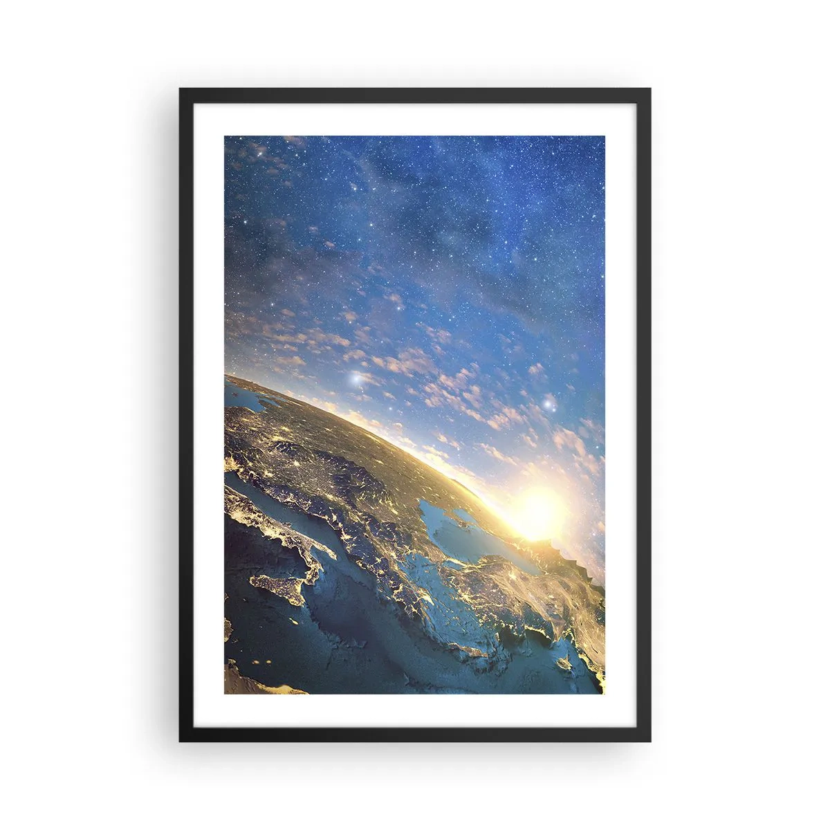 Plakat w czarnej ramie - Ziemia widziana z kosmosu o wschodzie słońca - 50x70cm - Spójrzmy na siebie z dystansu - Nowoczesna dekoracja ścienna do salonu i sypialni ARTTOR