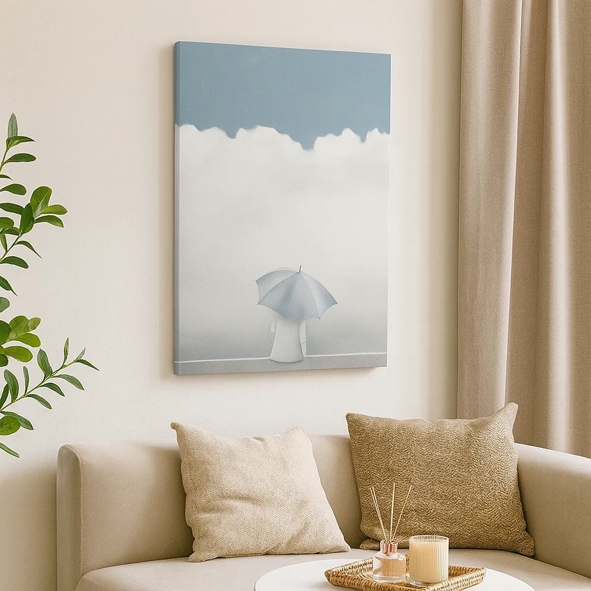 Obraz na płótnie - Postać z jasnym parasolem siedząca na krawędzi chmur - 50x70cm - Na krawędzi jawy i marzenia - Nowoczesna dekoracja ścienna do salonu, kuchni i sypialni ARTTOR