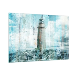 Obraz na szkle - Latarnia morska na tle chmur w stylu vintage - 100x70cm - Na starym drewnie - Nowoczesna dekoracja ścienna do salonu, kuchni i sypialni ARTTOR