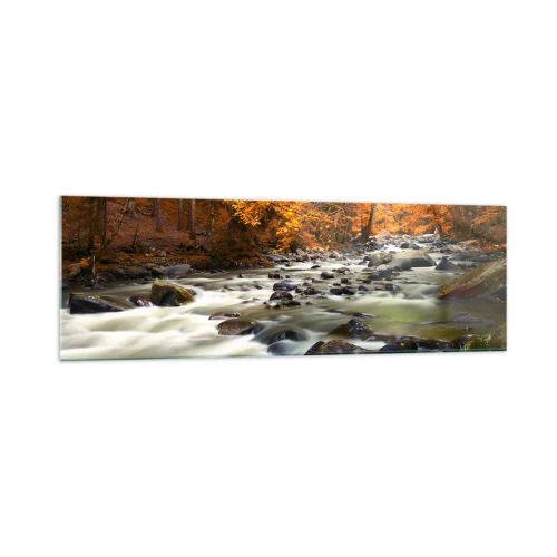 Obraz na szkle - Strumień w jesiennym lesie otoczony złotymi liśćmi - 160x50cm - Potok w złotym lesie - Nowoczesna dekoracja ścienna do salonu i sypialni ARTTOR