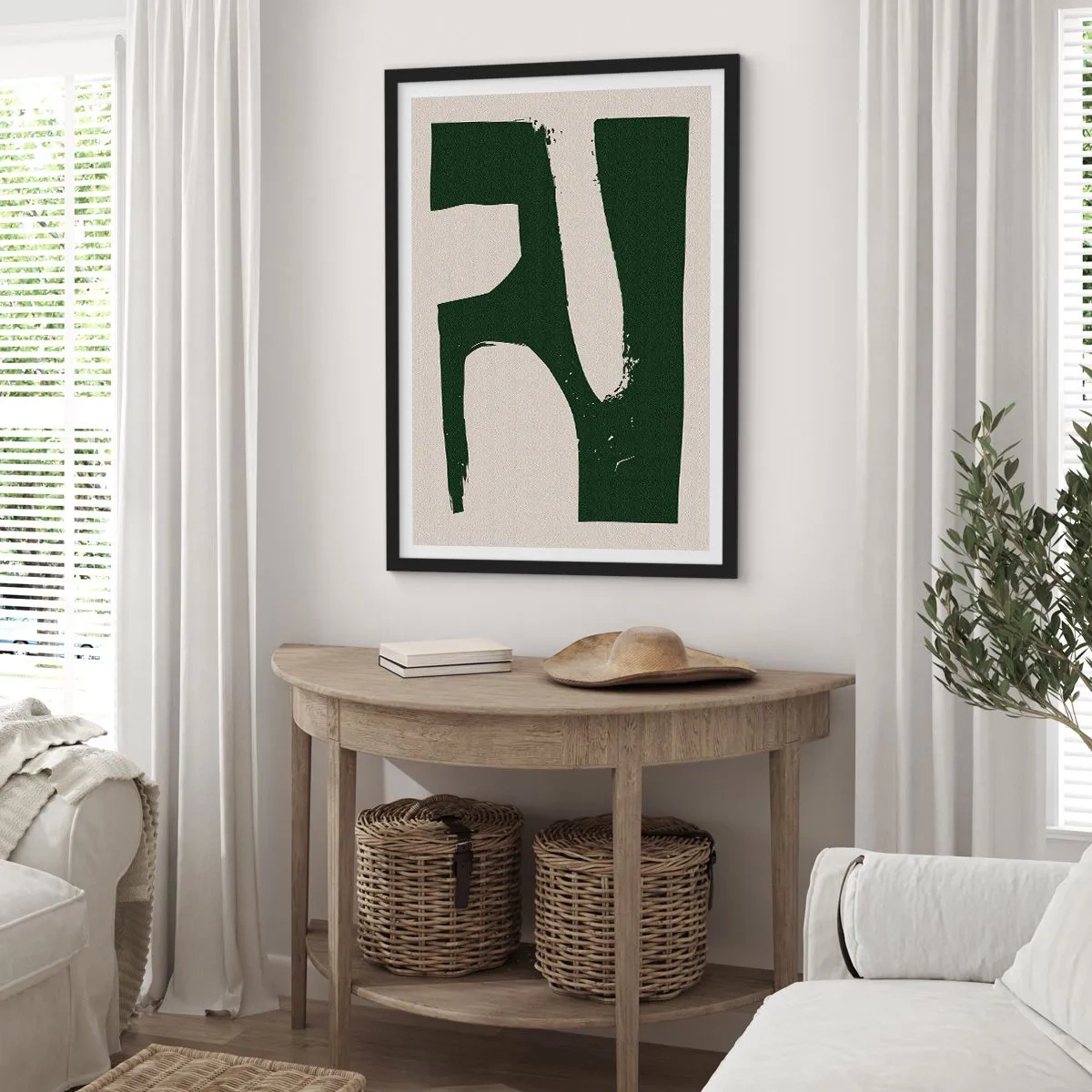 Plakat w czarnej ramie - Minimalistyczna abstrakcja w zieleni i beżu - 50x70cm - Zatoki bieli - Nowoczesna dekoracja ścienna do salonu i sypialni ARTTOR