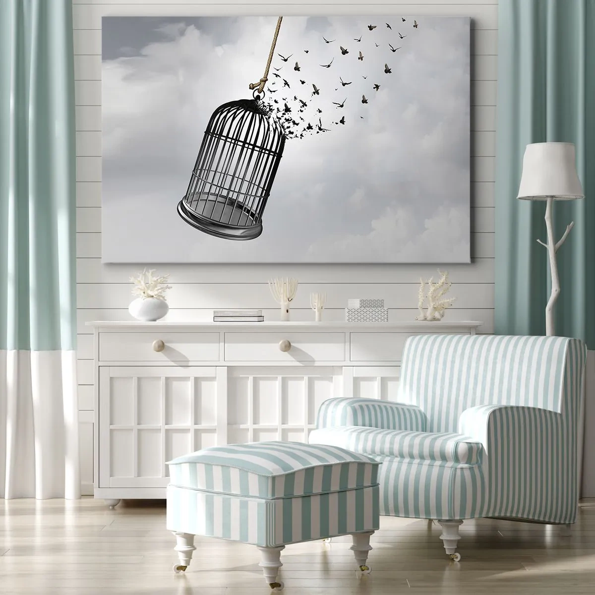 Obraz na płótnie - Ptaki wylatujące z klatki na tle nieba - 70x50cm - Wiara...Nadzieja...Wolność! - Nowoczesna dekoracja ścienna do salonu i sypialni ARTTOR