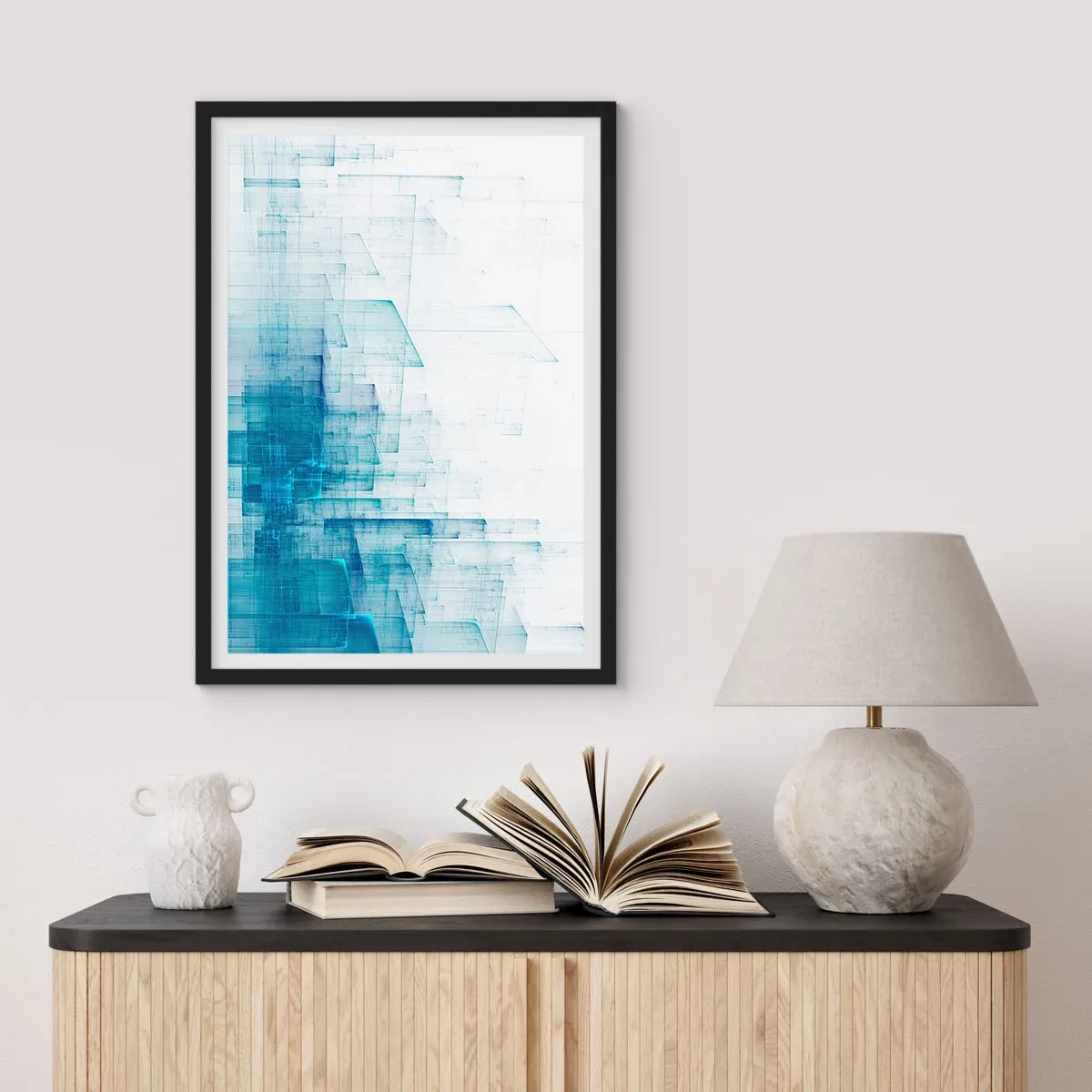Plakat w czarnej ramie - Abstrakcyjna kompozycja geometryczna w odcieniach błękitu i bieli - 50x70cm - Jak stała się przestrzeń - Nowoczesna dekoracja ścienna do salonu i sypialni ARTTOR