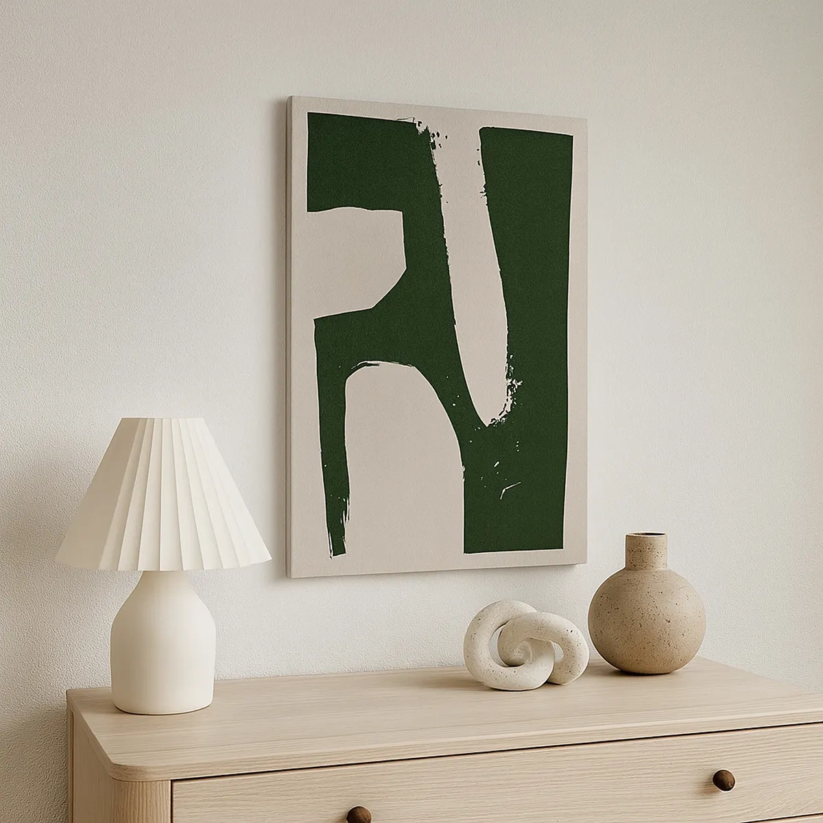 Obraz na płótnie - Minimalistyczna abstrakcja w odcieniach zieleni i beżu z geometrycznymi formami - 50x70cm - Zatoki bieli - Nowoczesna dekoracja ścienna do salonu, kuchni i sypialni ARTTOR