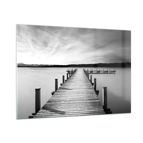Obraz na szkle - Drewniany pomost prowadzący w dal po spokojnym jeziorze - 100x70cm - U wodopoju – spokoju - Nowoczesna dekoracja ścienna do salonu, kuchni i sypialni ARTTOR