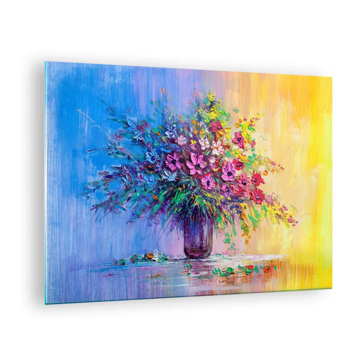 Obraz na szkle - Kolorowy bukiet kwiatów w wazonie na abstrakcyjnym tle - 70x50cm - Dar letnirj łąki - Nowoczesna dekoracja ścienna do salonu i sypialni ARTTOR