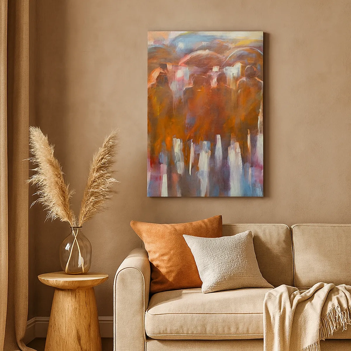 Obraz na płótnie - Sylwetki ludzi z parasolami w deszczu - 50x70cm - Równi w deszczu i mgle - Nowoczesna dekoracja ścienna do salonu, kuchni i sypialni ARTTOR