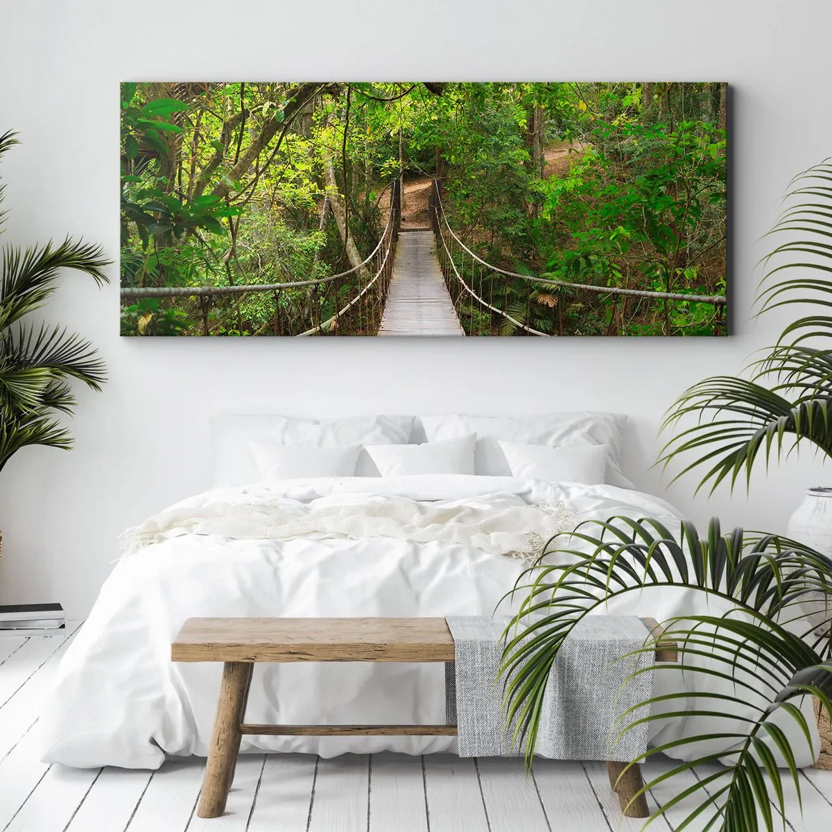 Obraz na płótnie - Wiszący most w otoczeniu zielonego lasu deszczowego - 120x50cm - Bo w ogrodzie rośnie pnącze - Nowoczesna dekoracja ścienna do salonu i sypialni ARTTOR