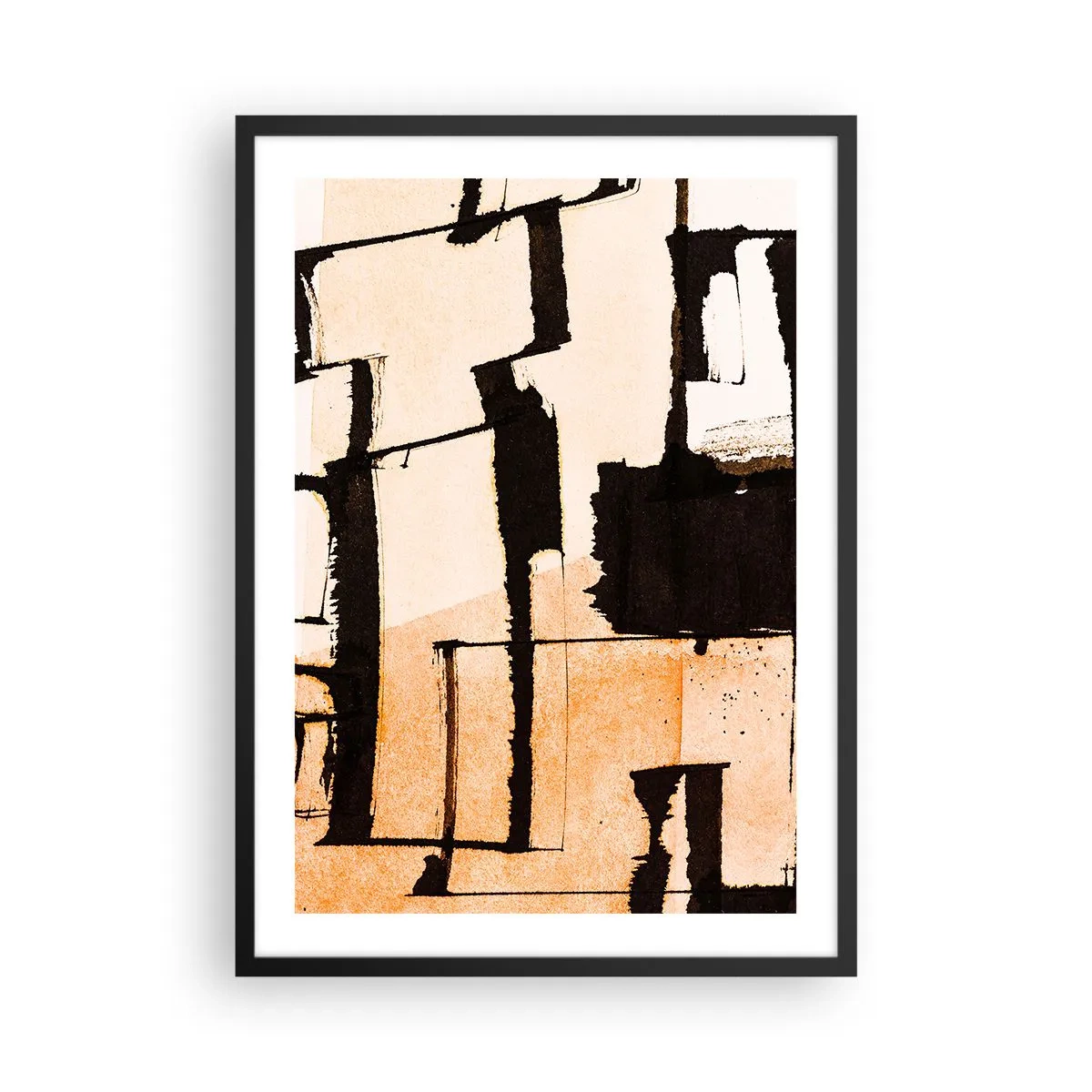 Plakat w czarnej ramie - Abstrakcyjna kompozycja geometrycznych kształtów w odcieniach beżu i czerni - 50x70cm - Jednak porządek - Nowoczesna dekoracja ścienna do salonu i sypialni ARTTOR