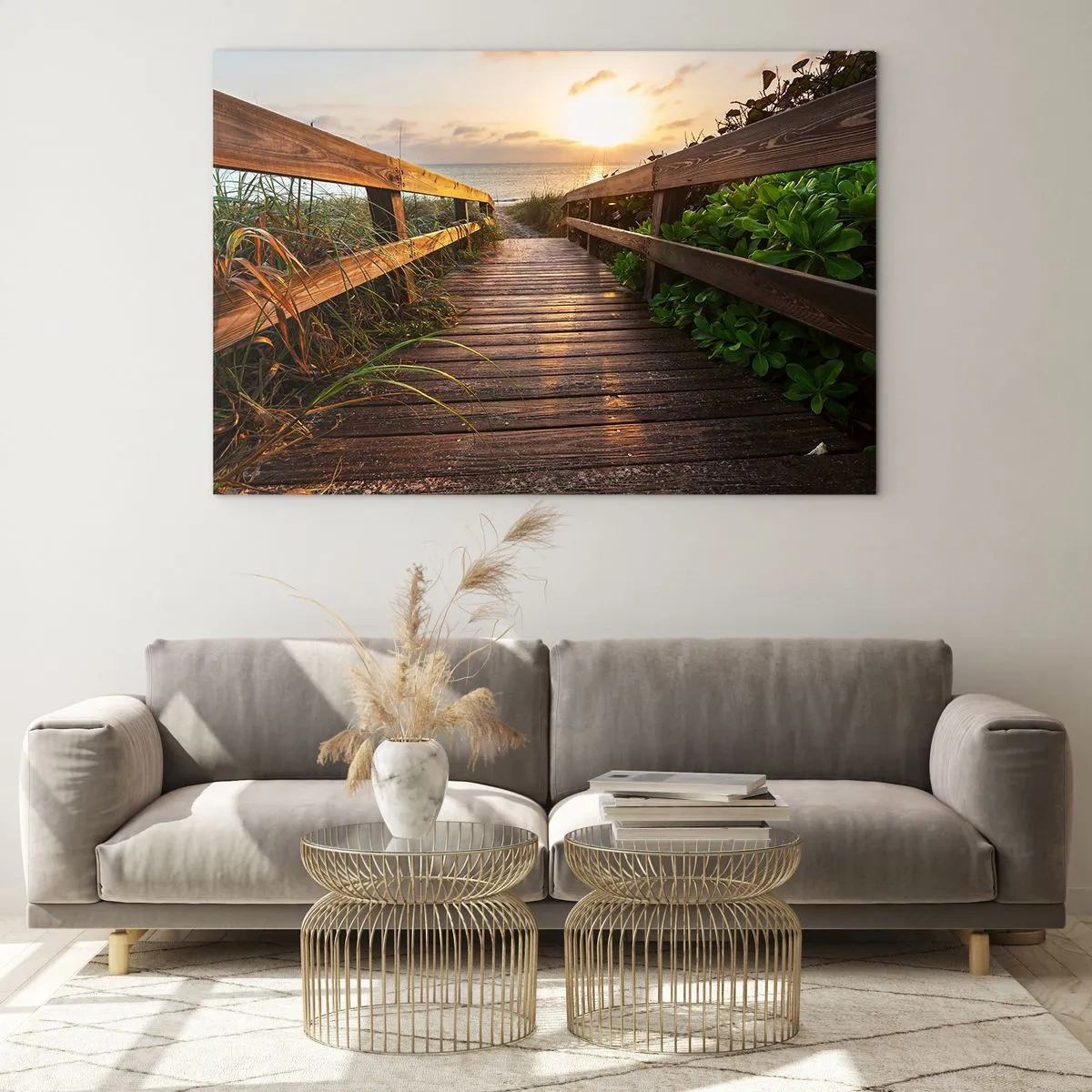 Obraz na szkle - Drewniana kładka prowadząca na plażę o zachodzie słońca - 100x70cm - I wprost nad brzeg - Nowoczesna dekoracja ścienna do salonu, kuchni i sypialni ARTTOR