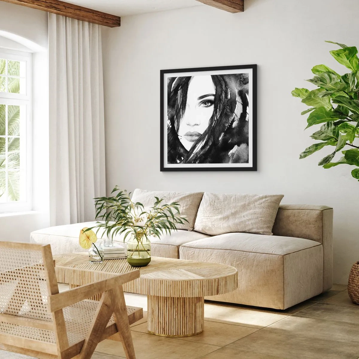 Plakat w czarnej ramie - Portret damy w czerni i bieli - 30x30 cm