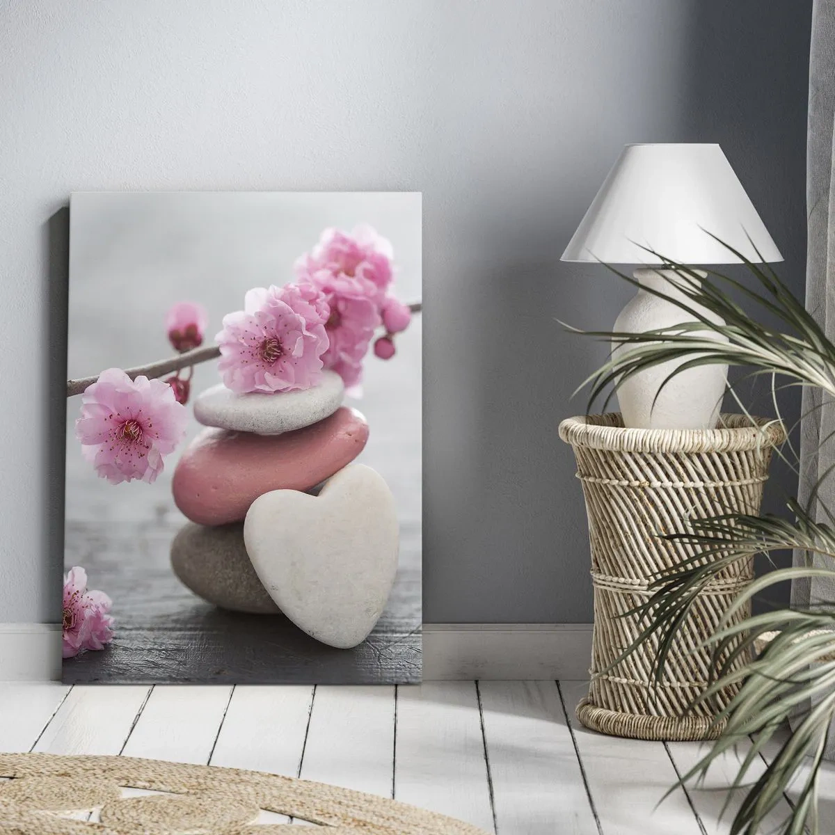 Obraz na płótnie - Kwiaty wiśni na kamieniach w harmonijnej kompozycji - 50x70cm - Błogość z kwiatem wiśni - Nowoczesna dekoracja ścienna do salonu, kuchni i sypialni ARTTOR