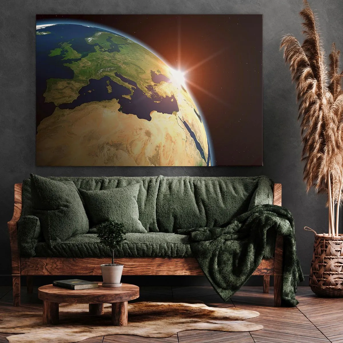 Obraz na płótnie - Widok Ziemi z kosmosu z promieniami słońca na horyzoncie - 120x80cm - Wschód słońca - Nowoczesna dekoracja ścienna do salonu, kuchni i sypialni ARTTOR