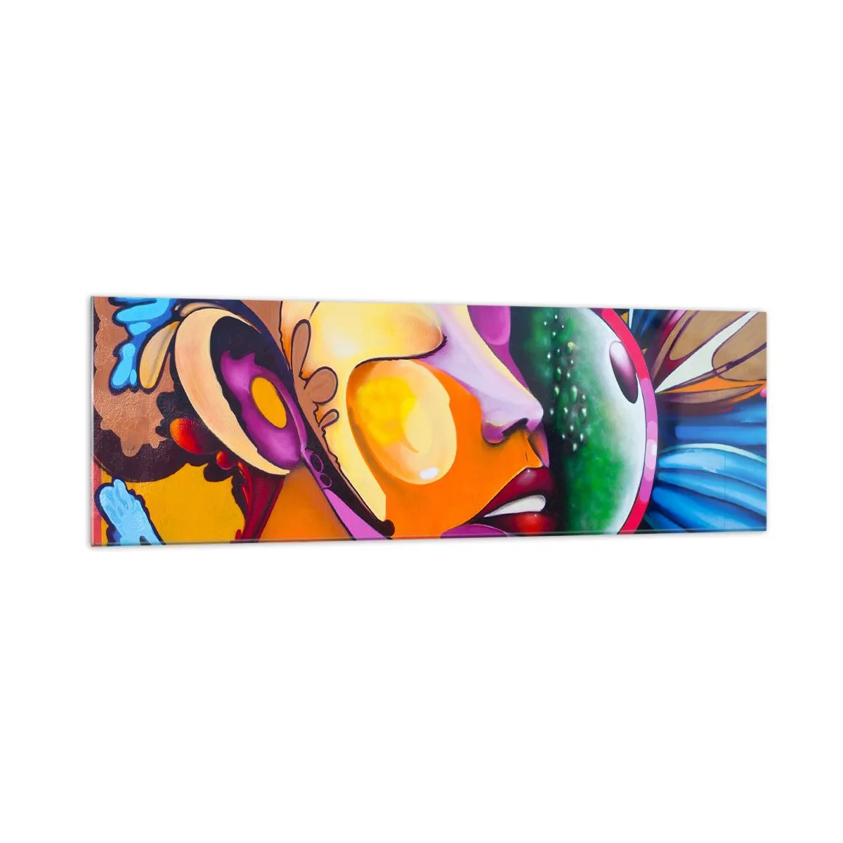 Obraz na szkle - Kolorowa abstrakcja z motywem twarzy w dynamicznej kompozycji - 160x50cm - Dotknąć kolorem - Nowoczesna dekoracja ścienna do salonu i sypialni ARTTOR