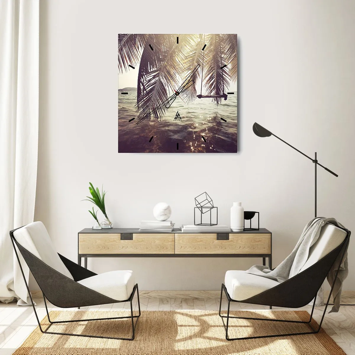 Zegar ścienny - Palma z huśtawką nad wodą w świetle słońca - 30x30cm - Można bujać w obłokach do woli - Nowoczesna dekoracja ścienna do salonu i sypialni ARTTOR