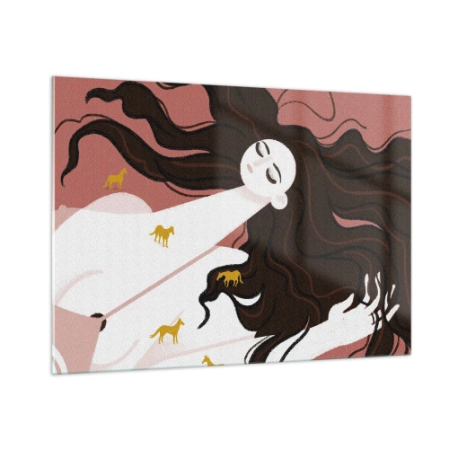 Obraz na szkle - Kobieta z długimi włosami i złotymi końmi na tle różu - 100x70cm - Sen o złotym koniu - Nowoczesna dekoracja ścienna do salonu, kuchni i sypialni ARTTOR