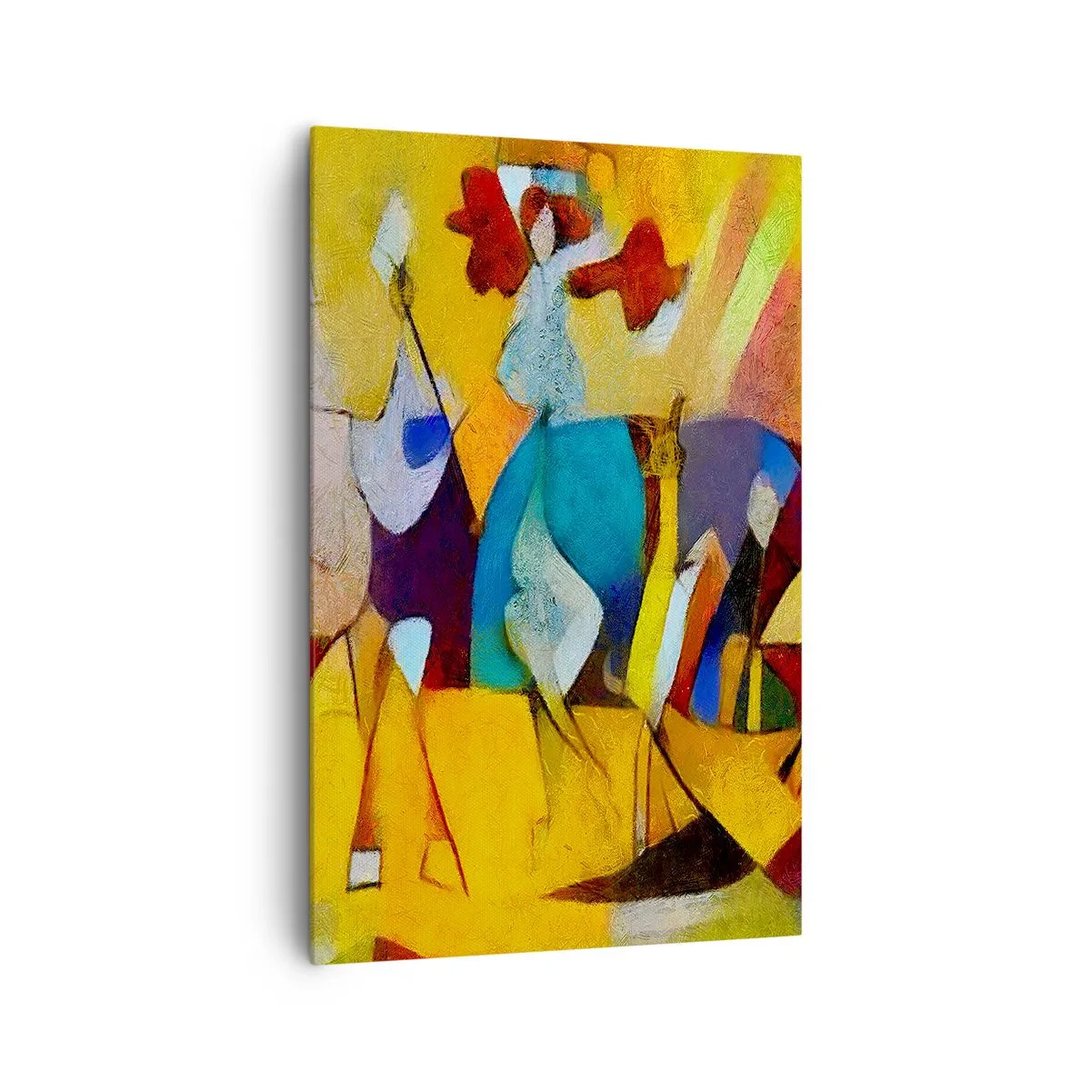 Obraz na płótnie - Kolorowa abstrakcja przedstawiająca postacie w geometrycznej formie - 80x120cm - Słońce - życie - radość - Nowoczesna dekoracja ścienna do salonu i sypialni ARTTOR