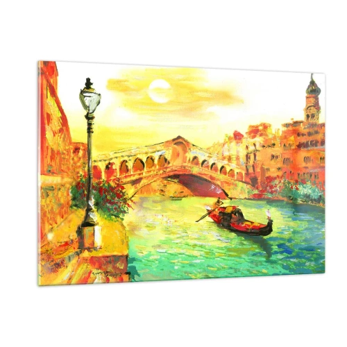 Obraz na szkle - Kanał z gondolą i mostem w promieniach zachodzącego słońca - 120x80cm - Pielgrzymka zakochanych - Nowoczesna dekoracja ścienna do salonu, kuchni i sypialni ARTTOR