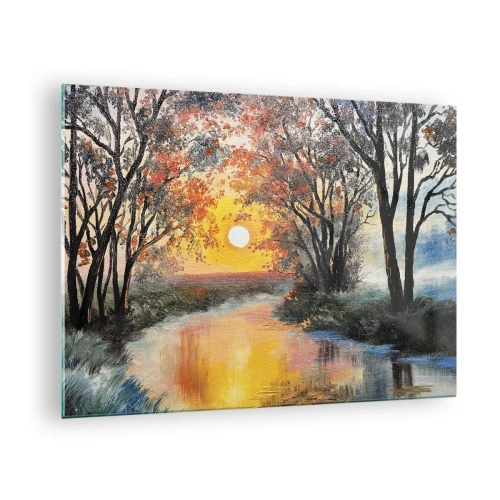 Obraz na szkle - Zachód słońca nad rzeką wśród drzew - 70x50cm - Jesienne klimaty - Nowoczesna dekoracja ścienna do salonu i sypialni ARTTOR