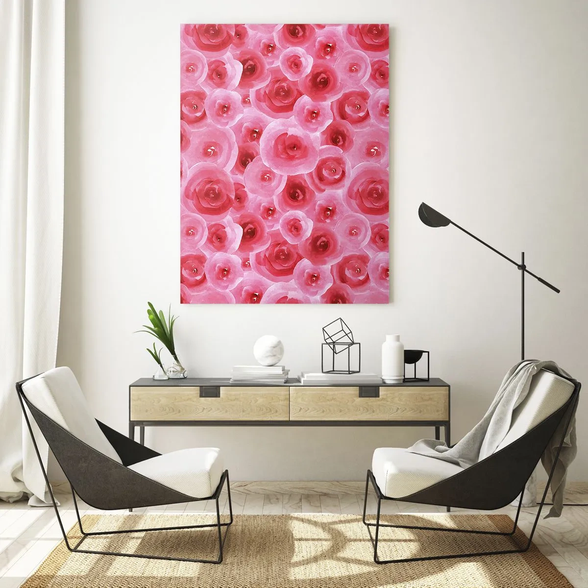 Obraz na szkle - Akwarelowy wzór róż w odcieniach czerwieni i różu - 50x70cm - Róże na dole i na górze - Nowoczesna dekoracja ścienna do salonu, kuchni i sypialni ARTTOR