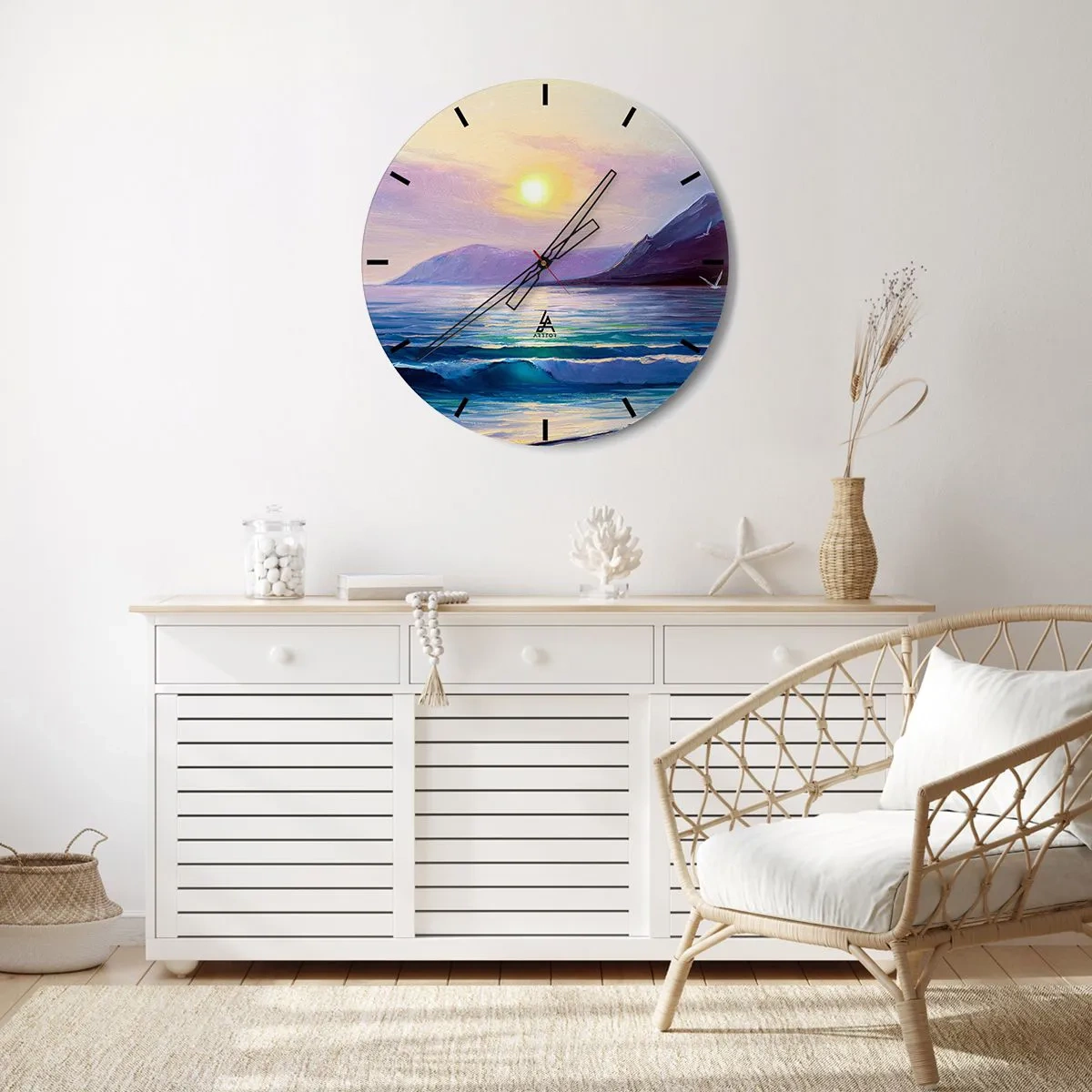 Zegar ścienny - Morski krajobraz z zachodzącym słońcem - 30x30cm - Kryształ wody i powietrza - Nowoczesna dekoracja ścienna do salonu, kuchni i sypialni ARTTOR